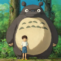 Guy and big creature, made by studio ghibli, highly detailed, smooth, sharp focus, beautiful scene, artgerm