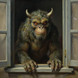 illustration of a monster watching in the window, realistic painting, classical painting, high definition, digital art, matte painting, very detailed, realistic