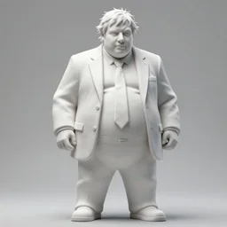 a marble sculpture of a giant corpulent boris johnson standing astride the british isles on fire