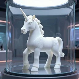 a 3 d printed unicorns sculpture in a glass room, hightech, futuristic, unreal engine
