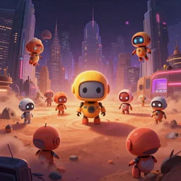 cyberpunk city invaded by cute robots from mars, trending on artstation, 8K, ultra wide angle, pincushion lens effect