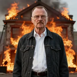 walter white standing in front of a building on fire, highly detailed, 4 k