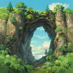 natural arches covered with small trees growing out of it, sunny day, long shot, matte painting, digital art, in the style of studio ghibli, vivid colors, highly detailed, 8 k, establishing shot, smooth, trending on artstation, illustration, realistic