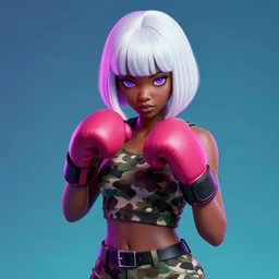 portrait of black anime manga girl, boxer punch pose, french bob hair, white hair, wearing camo, purple eyes, by gustave dore, vaporwave colors, lofi colors, vaporwave, lofi, goth vibe, 4 k, smooth, hd, substance designer render, full body character concept art, symmetrical, 2 point lighting,