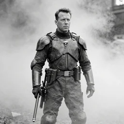 old black and white photo, 1 9 1 3, depicting bruce willis in combat armor with guns, historical record, volumetric fog