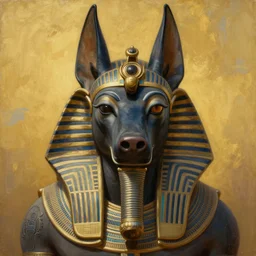 breathtaking soft painting of anubis with a third eye in her forehead with an intricate retrofuturistic helmet in a golden sky, realistic symmetrical face features, rembrandt style, elegant, highly detailed, artstation, concept art, matte, sharp focus, art by tom bagshaw, and greg rutkowski