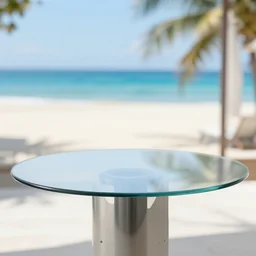 beautiful modern glass table with a blurred beautiful sunny beach view in the background