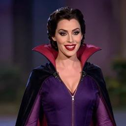 head and shoulder shot of a female vampire walking home at night, inspired by disney, hard lighting, professional studio, smile, vibrant colors, fashion