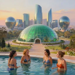 capital city of the free republic of lberland, attractive women enjoying water in the foreground, humongous green glass dome and path around it and humongous futuristic glass buildings built in the horizon, sunset light, hyperdetailed, artstation, painting by gaston bussiere, craig mullins, j. c. leyendecker, 8 k