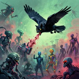 cat crow man flying in the sky ; humans being devoured ; aliens, robotic machines, gods, bio - mechanical intelligences, glitch creatures, dmt entity ; lsd art, trending on artstation, style greg rutkowski