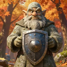an epic fantasy comic book style portrait painting of a very big stone - statue of a dwarf holding a shield in front of him with both hands, studio ghibli, unreal 5, daz, hyperrealistic, octane render, cosplay, rpg portrait, dynamic lighting, intricate detail, harvest fall vibrancy, cinematic