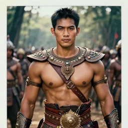 matte close - up portrait of smart and ruggedly handsome hero body builder sukhothai warlord who is in the forest backlighting in crowd of battlefield, ethnic costume, leather and metal armored, traditional decoration, highly detailed, intricate, elegant, loin cloth, highly detailed, 8 k, cinematic lighting, global illumination, ornate, super detailed, faded color polaroid, a colorized photo, colorized,