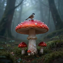 red giant mushroom bird bird bird in dark misty forest eerie