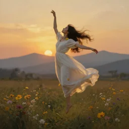 oil painting portrait of a young woman with flowers in her long dark flowing hair in a white dress, dancing levitating floating over a field of flowers at sunset with mountains in the background, hazy, digital art, chiaroscuro, artstation, cinematic, golden hour, digital art painting by greg rutkowski, bouguereau, hazy atmosphere, flowers, cinematic lighting