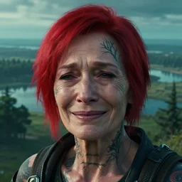 an ultra realistic, cinematic, headshot portrait, of a cyberpunk old lady with red short hair and tattoos, branches, facial features, she is smiling and crying at the same time, sadness, background of a vast serene landscape, with trees and rivers, detailed, deep focus, movie still, dramatic lighting, ray tracing, by michal karcz and yoshitaka amano