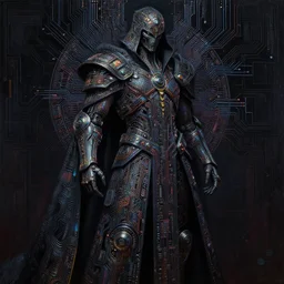dark cyborg armour cloak entity made of intricate complex circuitry and microchips, iridescent, warrior assassin, black body, colorful, intricate linework, gothic baroque, intimidating, magical, realistic oil painting, artstation, rutkowski, wlop, chebokha, artgerm