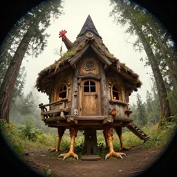 a witch hut with chicken legs, greg rutkowski, zabrocki, karlkka, jayison devadas, trending on artstation, 8 k, ultra wide angle, zenith view, pincushion lens effect