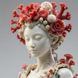 intricate hyper detailed ultra sharp portrait of a beautiful porcelain well - contoured ivory fair smooth deep cyberpunk mechanoid, up close shot, sharp focus, global illumination, radiant light, intricate large haute couture coral flower headdress made of red sponge corals, brackets, mushrooms, puffballs, rhizomorphs, alexandre ferra, irakli nadar, octane render, unreal engine, 4 k, ultra hd,
