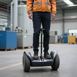 human segway driving through an industrial environment delivering packages