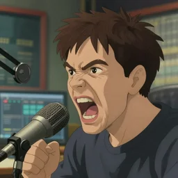 an angry man yelling at a radio microphone, he looks like actor francois cluzet, blurry background of radio channel studio, art by studio ghibli and j. c. leyendecker and greg rutkowski and artgerm and aenaluck, portrait, highly detailed, digital painting, headshot, trending on artstation, concept art, sharp focus, illustration