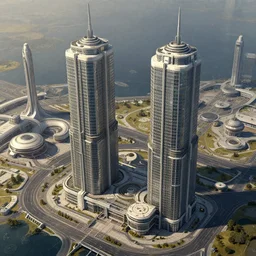 2 high rise buildings above futuristic space port, a detailed matte painting by Fabio Montorzi, cgsociety, octane render, highly detailed, matte painting, concept art, sci-fi