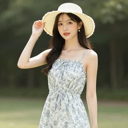 “a young attractive woman wearing a beautiful sundress and sun hat, fashion photography”