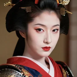 a beautiful female photo, japanese geisha, professionally retouched, soft lighting, wearing armour, realistic, smooth face, perfect eyes, wide angle, sharp focus on eyes, 8 k high definition, insanely detailed, intricate, elegant, art by artgerm and wlop
