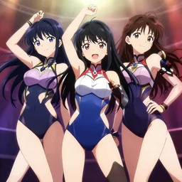 unbelievably beautiful, perfect, dynamic, epic, cinematic 8 k hd anime shot, three j - pop idols av actresses in japanese girl band, posing together in leotards. by amagaitaro, makoto shinkai, krenz cushart, asao urata, pixiv