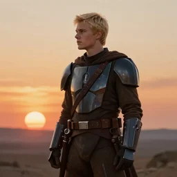 a young blonde male jedi with short hair standing still looking at the sunset concept art by Doug Chiang cinematic, realistic painting, high definition, concept art, the Mandalorian concept art style