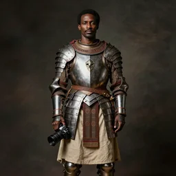 a professionally photographer full body portrait of Father Divine , clothed in ancient battle armor, dark skin, dark hair, beautiful bone structure, symmetrical facial features, stunningly beautiful, intricate, elegant, film camera, smooth, sharp focus, from Kehinde Wiley and Kara Walker