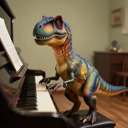 a confused velociraptor taking a piano lesson, photorealistic, trending on artstation