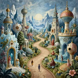 a whimsical elite masterpiece mysterious science fantasy matte painting of a winding path through arctic dream worlds with surreal architecture designed by heironymous bosch, structures inspired by heironymous bosch's garden of earthly delights, surreal ice interiors by cyril rolando and natalie shau and asher durand and heironymous bosch, insanely detailed and intricate, elegant, willothewisp