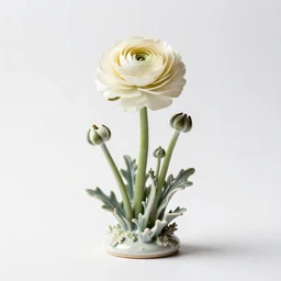 porcelain figurine ranunculus, professional studio photo, full body, isolated on a pure white background, centered, entire subject in frame, sharp focus, soft studio lighting
