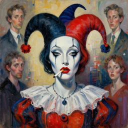 half figure portrait of a morphed harlequin faced woman with cigarettes in mouth and james jean and luc tuymans and vincent lefevre and hernan bas and pat steir and hilma af klint, digital paint, glitch, psychological, dripping paint, generative art, 8 k high quality render, altermodern, masterpiece