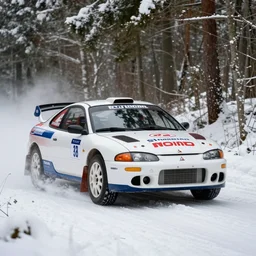 a 1 9 9 5 mitsubishi eclipse gsx, racing through a rally stage in a snowy forest