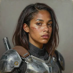 portrait of a very beautiful BIPOC woman with a deep visible scar from ear to nose, wearing femshep mass effect armor, Alexandria's genesis, chin-length hair, bored, illustration, soft lighting, soft details, hyper realism, high detailed, painting oil on canvas by mark arian by artgerm, trending on artstation, 4k, 8k, HD