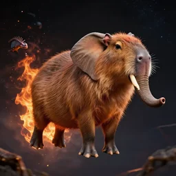 a mutant capybara hybrid of velociraptor and elephant floating in space, cinematic, fire, hyperrealistic, trending in artstation, style of wlop