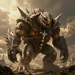 elden ring, dark souls, strong humanoid turtle monster, massive bony spikes, photorealistic, grimdark, gruesome, full height, front view, golden ratio