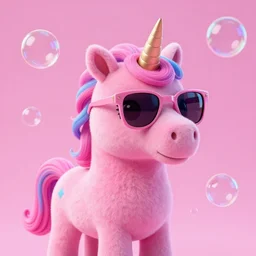 A pink unicorn made of bubbles with sunglasses, synthwave style, fantasy, portrait, trending on artstation, detailed, award winning