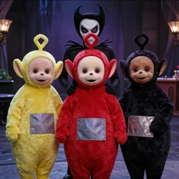 evil teletubbies the style of the tim burton movie sweeney todd. film still, movie still