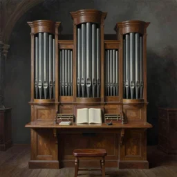 pipe organ console with dark smoke, detailed oil painting by grant wood, diesel gothic