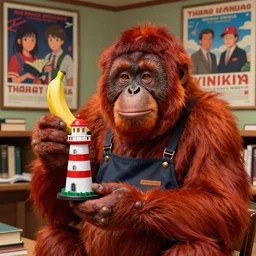 rendering of red orangutan dressed as library overseer holding lighthouse toy as banana, library interior background, travel poster artwork by michael whelan and tomer hanuka, high contrast, full of details, by makoto shinkai and thomas kinkade, matte painting, trending on artstation and unreal engine