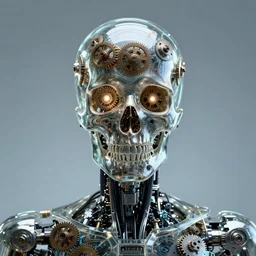 humanoid robot from ex machina, glass skull, gears and lights in the head, cinematography by stanley kubrick, intricate, elegant, symmetry