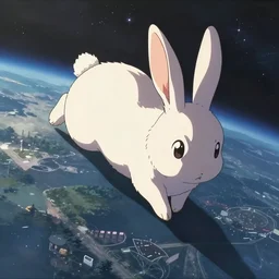 a bunny rabbit in the science fiction anime series gundam by makoto shinkai, flying through space