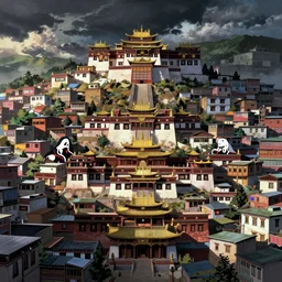 Anime vajrayana Tibetan cityscape, Ghost in the Shell, Tekkonkinkreet, favelas, temples, cinematic matte painting concept art, by Peter Mohrbacher