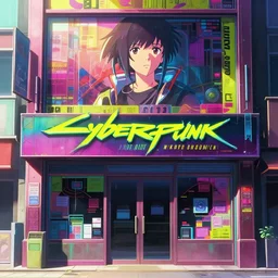 a very close close close up front view of a ( ( ( cyberpunk ) ) ) shopfront facade with ( ( advertisements ) ), in a high definition screenshot from the anime anime film, digital painting by ( makoto shinkai ), moebius moebius, surrealism, trending on artstation