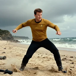 captain j. kirk from star trek storming the beaches of normandy on d - day. film still, ultra realism, dramatic lighting, action pose, zeiss lens, canon eos, artstation, dynamic pose, redshift, octane
