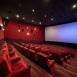 cinema theater interior design, Greg Rutkowski, trending on Artstation, 8K, ultra wide angle, pincushion lens effect.
