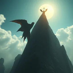 by matt cavotta and tim hildebrandt, visually stunning, cinematic, ultra realistic, hyper realism, 1 2 k, epic, octane render, unreal engine, vfx, maya, a small winged creature lands on the very top of the monolith : strong dmt vibes, cowboy plague doctor : kitesail cleric, legion angel : applied biomancy