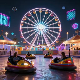an amusement park in old egypt, ferris wheel, bumper cars, lights, digital art, synthwave style, trending on artstation, matte painting